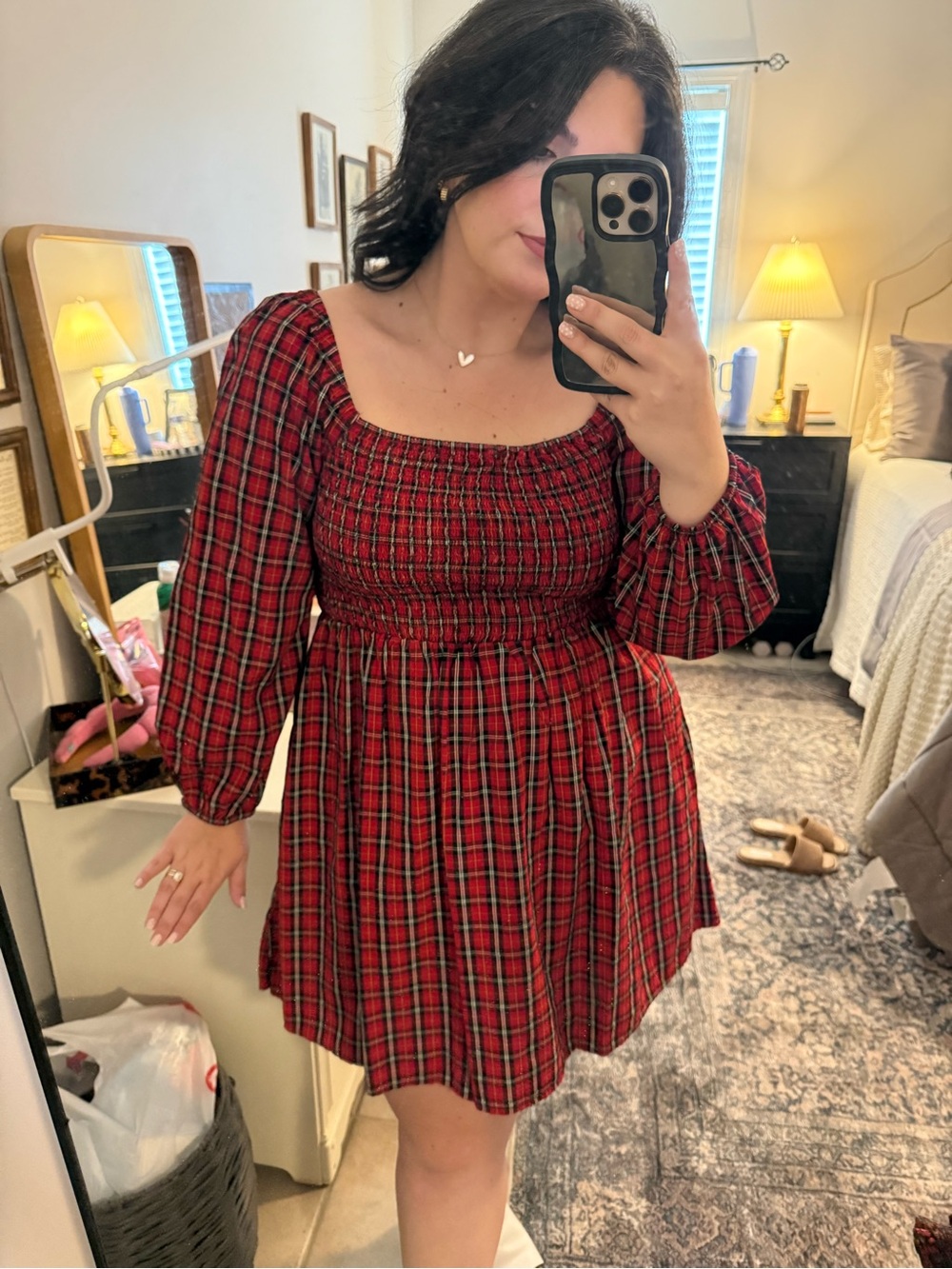 Old Navy Red Plaid Smocked Mini Dress